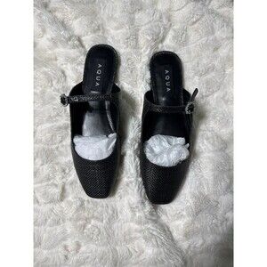 Aqua Women's Gigii Pointed Toe Slip On Buckled Flats, Black Raffia 6